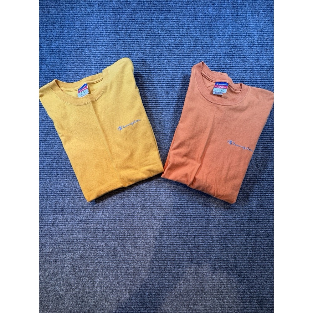 Lot Of 2 Vintage Champion T-Shirt Men's Large Yellow/Orange Script Logo 90s